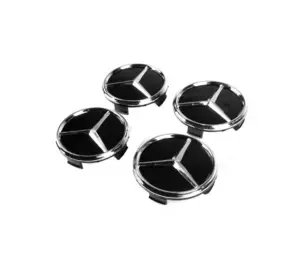 Ковпачки на диски 71/74 мм без кільця (4 шт, чорні з хром знаком) для Тюнінг Mercedes