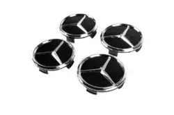 Ковпачки на диски 71/74 мм без кільця (4 шт, чорні з хром знаком) для Тюнінг Mercedes